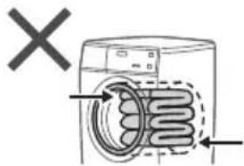 Diagram showing a washing machine with a coiled tube and a cross mark, indicating a washing or cleaning operation.