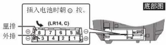 插入电池时朝 ⊙ 按。 LR14, C 里排 外排 8 7 6 5 3 4 2 1 底部图