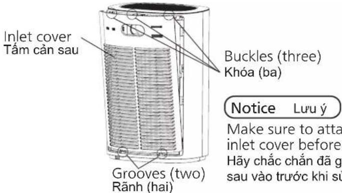 Inlet cover Tám cản sau Buckles (three) Khóa (ba) Grooves (two) Rãnh (hai) Notice Lưu ý Make sure to atta inlet cover before Hãy chắc chắn đã g sau vào trước khi sử