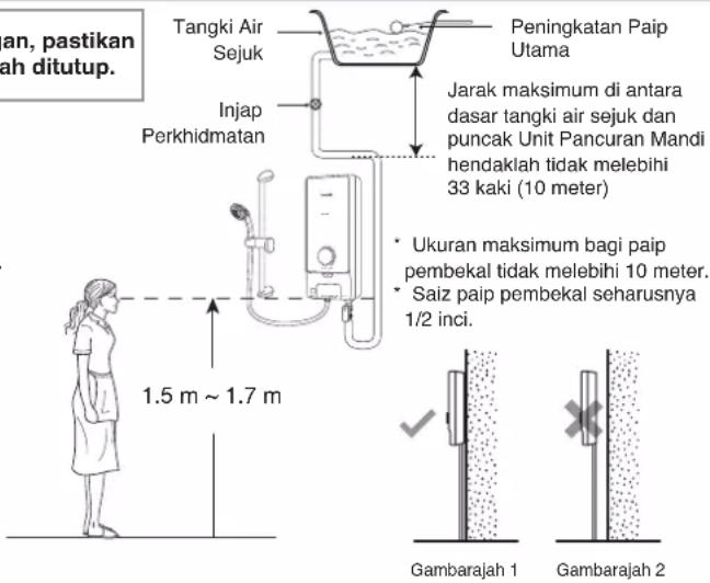 an, pastikan lah ditutup. Tangki Air Sejuk Injap Perkhidmatan Peningkatan Paip Utama Jarak maksimum di antara dasar tangki air sejuk dan puncak Unit Pancuran Mandi hendaklah tidak melebihi 33 kaki (10 meter) • Ukuran maksimum bagi paip pembekal tidak melebihi 10 meter. • Saiz paip pembekal seharusnya 1/2 inci. 1.5 m ~ 1.7 m Gambarajah 1 Gambarajah 2