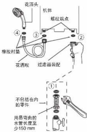 花洒头 机体 螺纹端点 ④ ③ ② 橡胶衬垫 花洒喉 过滤器装配 不包括在内的零件 ① 用易弯曲的水管长度至少150 mm