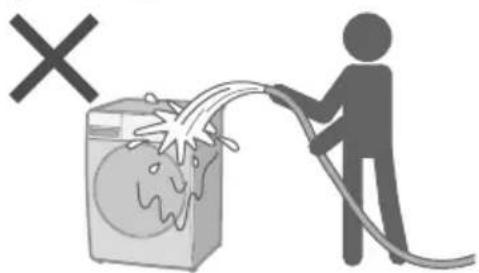 Safety warning illustration showing a person using a hose to clean a washing machine with a 'X' symbol indicating no hazard.