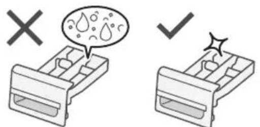 Diagram showing two states of a plastic component with water droplets and a checkmark indicating inspection or clearance.