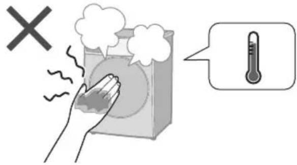 Diagram showing a hand holding a device emitting smoke with a warning symbol and a thermometer illustration.