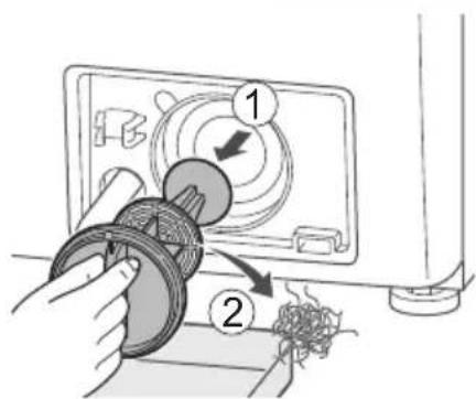 Diagram showing a hand inserting a component into a device with numbered parts and directional arrows indicating process flow.