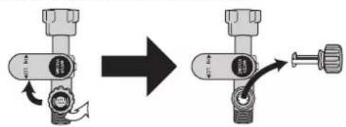 Diagram showing a mechanical valve assembly before and after, with directional arrows indicating motion or movement.