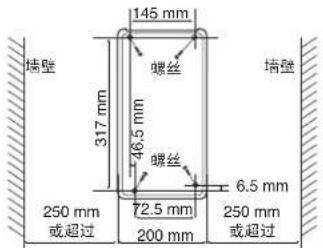 145 mm 317 mm 螺丝 46.5 mm 螺丝 6.5 mm 250 mm 或超过 72.5 mm 200 mm 250 mm 或超过 墙壁 墙壁