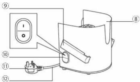 Technical diagram of a device with numbered parts and labeled electrical connections