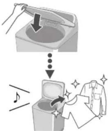 Illustration showing a washing machine with a down arrow and a garment being cleaned, accompanied by musical notes.