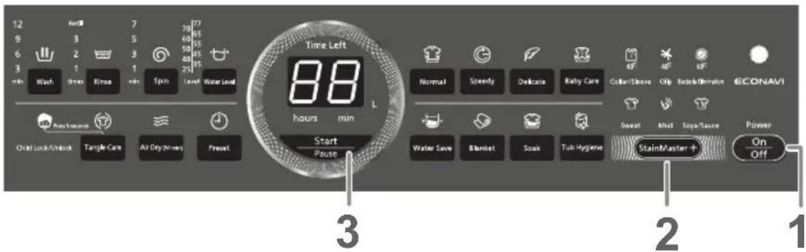 12 9 6 3 min Wash Spin Exercise min Spin Level Water Level Time Left 88 hours min Start Pause Normal Speedy Delicate Baby Care Collet/Shoe Blue Shock/Attrition ECONAVI Water Save Blanket Soap Tub Hygiene Sweat Mud Soda Sauce Power StainMaster + On Off 3 2 1