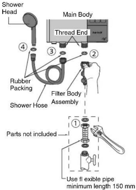 Shower Head Main Body Thread End Rubber Packing Filter Body Assembly Shower Hose Parts not included Use fl exible pipe minimum length 150 mm