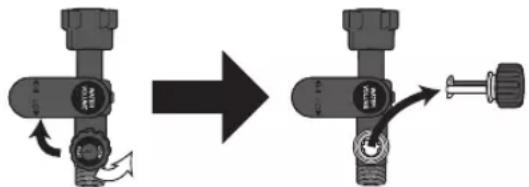 Diagram showing a mechanical device with directional arrows indicating motion or assembly, possibly illustrating a valve or adjustment mechanism.