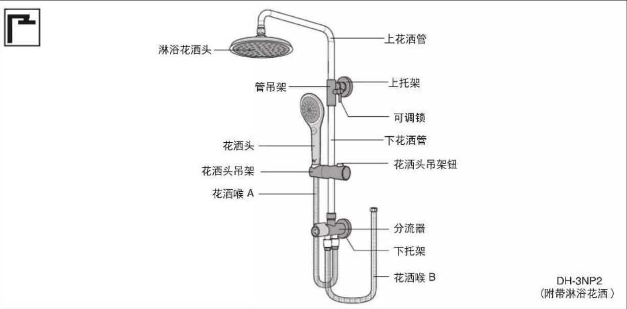 淋浴花洒头 上花洒管 管吊架 上托架 可调锁 花洒头 下花洒管 花洒头吊架钮 花洒喉 A 分流器 下托架 花洒喉 B DH-3NP2 (附带淋浴花洒)