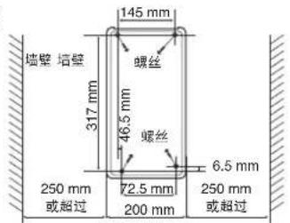 墙壁 墙壁 317 mm 145 mm 螺丝 46.5 mm 螺丝 250 mm 或超过 72.5 mm 200 mm 6.5 mm 250 mm 或超过