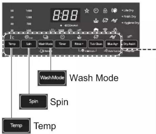 8:88 Temp Spin Wash Mode Timer Rinse + Tub Clean Blue Ag+ Dry Assist Wash Mode Spin Spin Temp Temp