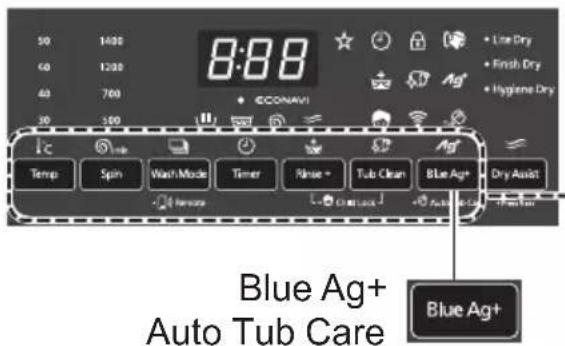 8:88 Temp Spin Wash Mode Timer Pulse - Tub Clean Blue Ag+ Dry Assist Blue Ag+ Auto Tub Care Blue Ag+
