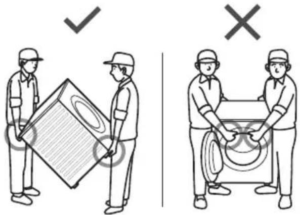 Diagram showing two workers handling a large box, with checkmark and cross symbols indicating inspection or rejection conditions.