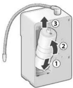 Diagram of a mechanical device with numbered components and directional arrows indicating flow or movement.