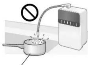 Diagram showing a cooking process with a pan and a water dispenser, featuring a prohibition symbol above the pipe.