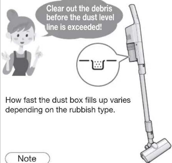 Clear out the debris before the dust level line is exceeded! How fast the dust box fills up varies depending on the rubbish type. Note