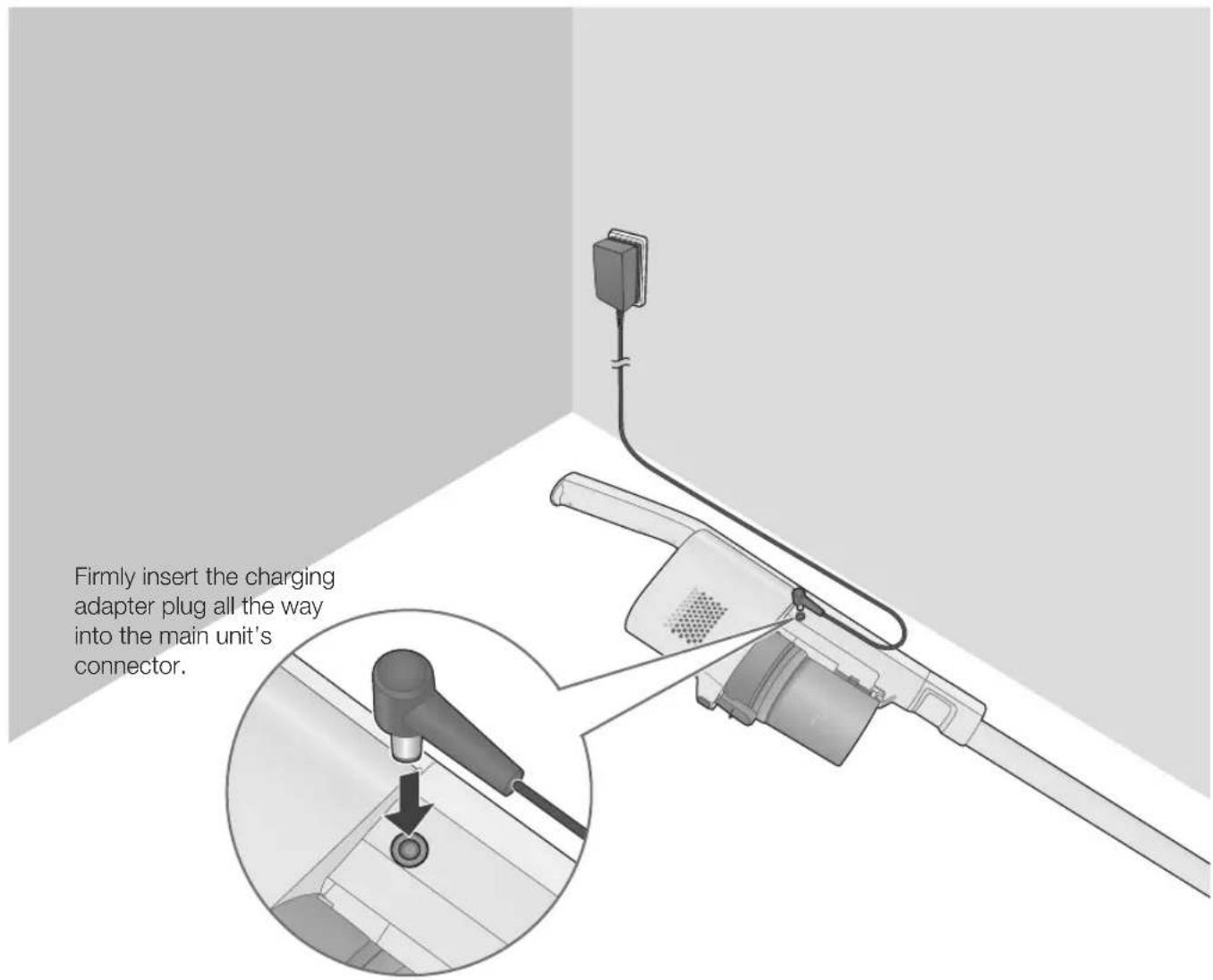 Firmly insert the charging adapter plug all the way into the main unit's connector.