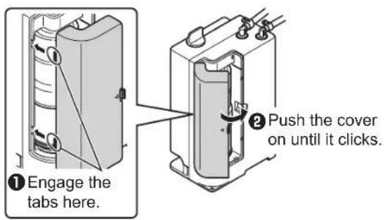 ① Engage the tabs here. ② Push the cover on until it clicks.