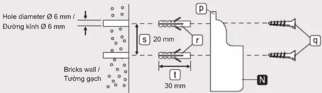 Hole diameter Ø 6 mm / Đường kính Ø 6 mm Bricks wall / Tường gạch 20 mm 30 mm p r t N q