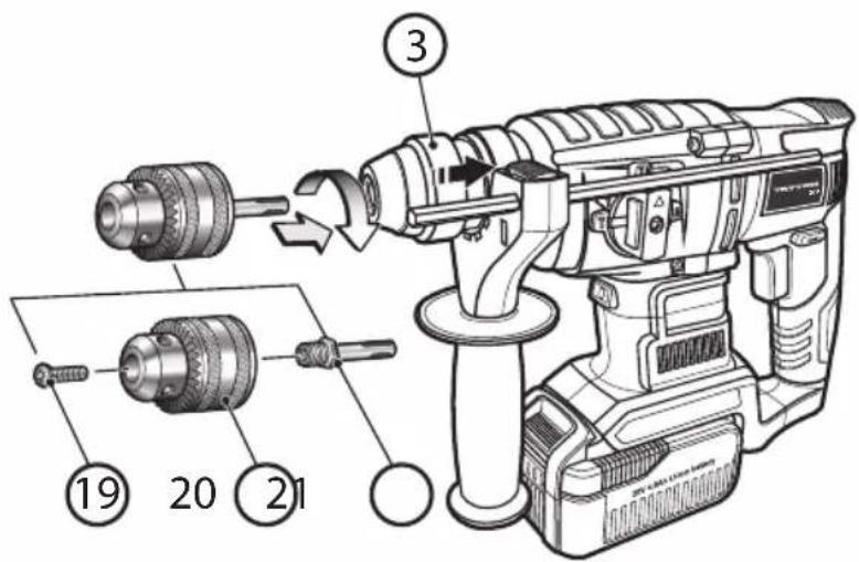 Technical diagram of a drill press with numbered parts and labeled parts