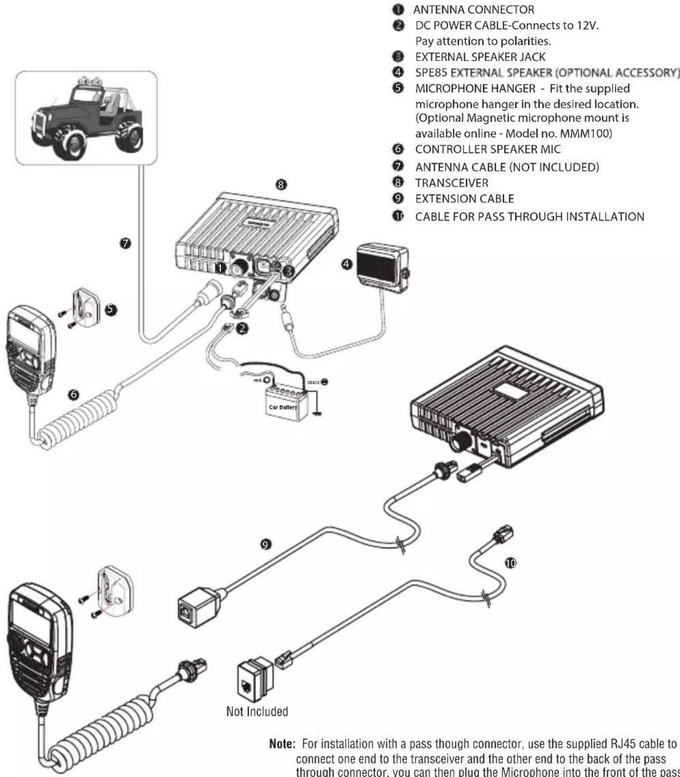 ① ANTENNA CONNECTOR ② DC POWER CABLE-Connects to 12V. Pay attention to polarities. ③ EXTERNAL SPEAKER JACK ④ SPE85 EXTERNAL SPEAKER (OPTIONAL ACCESSORY) ⑤ MICROPHONE HANGER - Fit the supplied microphone hanger in the desired location. (Optional Magnetic microphone mount is available online - Model no. MMM100) ⑥ CONTROLLER SPEAKER MIC ⑦ ANTENNA CABLE (NOT INCLUDED) ⑧ TRANSCEIVER ⑨ EXTENSION CABLE ⑩ CABLE FOR PASS THROUGH INSTALLATION ⑪ Not Included ⑫ Car Battery ⑬ Not Included