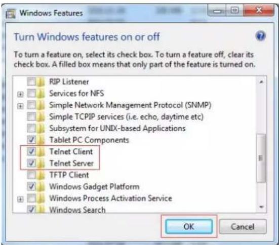 Windows Features Turn Windows features on or off To turn a feature on, select its check box. To turn a feature off, clear its check box. A filled box means that only part of the feature is turned on. RIP Listener Services for NFS Simple Network Management Protocol (SNMP) Simple TCPIP services (i.e. echo, daytime etc) Subsystem for UNIX-based Applications Tablet PC Components Telnet Client Telnet Server TFTP Client Windows Gadget Platform Windows Process Activation Service Windows Search OK Cancel