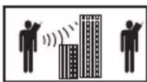 Diagram showing two human figures with a building emitting signals, possibly illustrating signal transmission or communication.