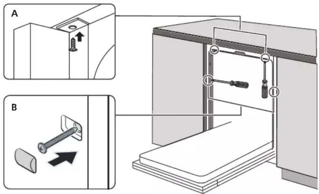 Technical diagram showing two steps of screw installation: (A) assembly with screw and pin, (B) disassembly with screw and pin into a housing.