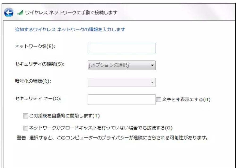 ワイヤレス ネットワークに手動で接続します 追加するワイヤレス ネットワークの情報を入力します ネットワーク名(E): セキュリティの種類(S): [オプションの選択] 暗号化の種類(R): セキュリティ キー(C): 文字を非表示にする(H) この接続を自動的に開始します(T) ネットワークがブロードキャストを行っていない場合でも接続する(O) 警告: 選択すると、このコンピューターのプライバシーが危険にさらされる可能性があります。