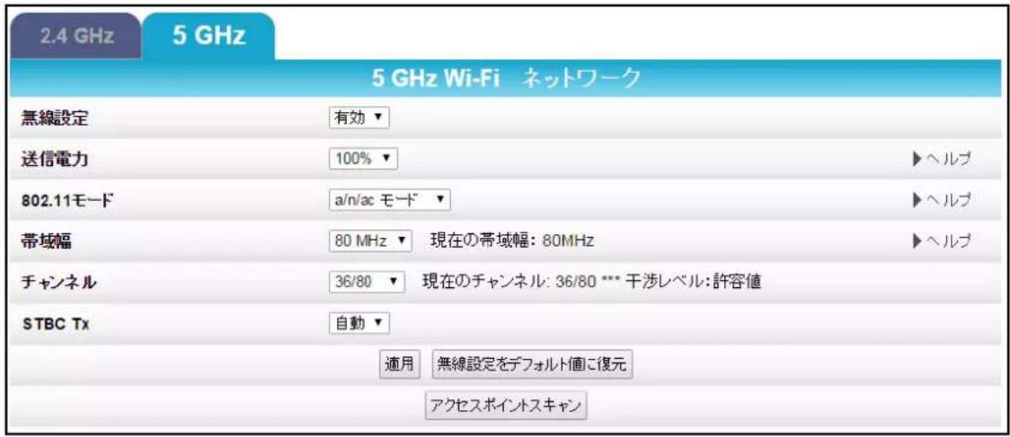 2.4 GHz 5 GHz 5 GHz Wi-Fi ネットワーク 無線設定 有効 ▼ 送信電力 100% ▼ ▶ヘルプ 802.11モード a/n/ac モード ▼ ▶ヘルプ 帯域幅 80 MHz ▼ 現在の帯域幅: 80MHz ▶ヘルプ チャンネル 36/80 ▼ 現在のチャンネル: 36/80 *** 干渉レベル: 許容値 STBC Tx 自動 ▼ 通用 無線設定をデフォルト値に復元 アクセスポイントスキャン