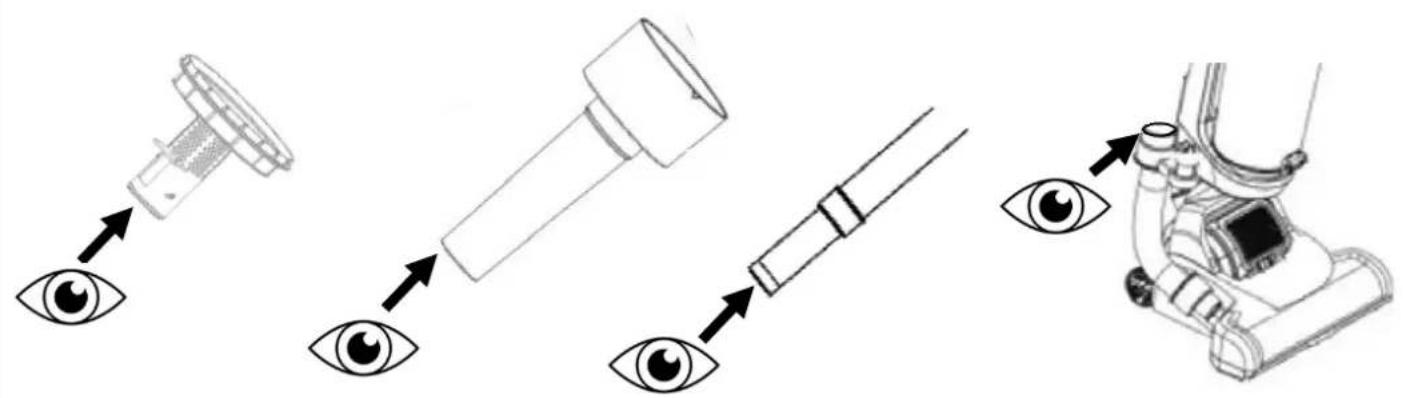 Diagram illustrating eye anatomy and medical imaging procedure, showing eye insertion into a device, lens, and microscope.