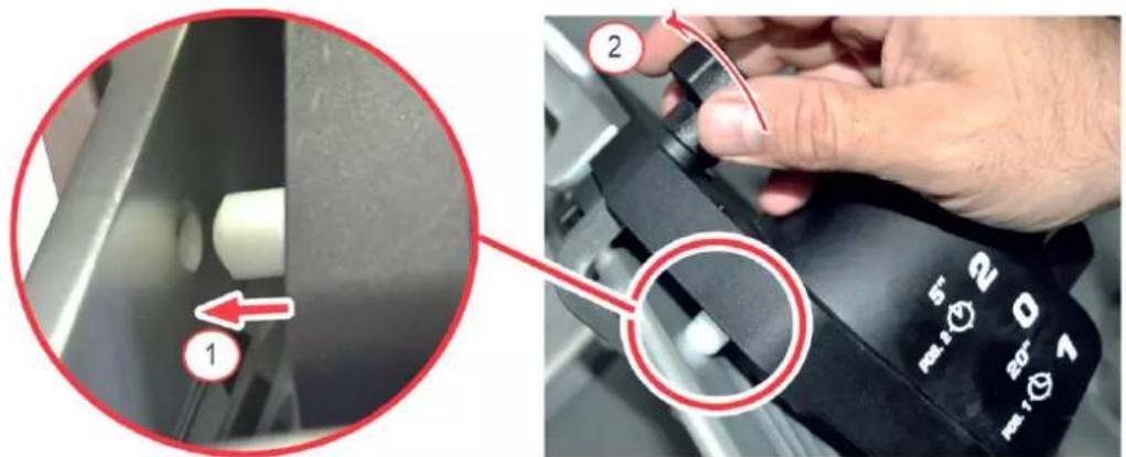 Instructional image showing a hand pressing a button on a camera mode dial, with numbered annotations highlighting key adjustment areas.