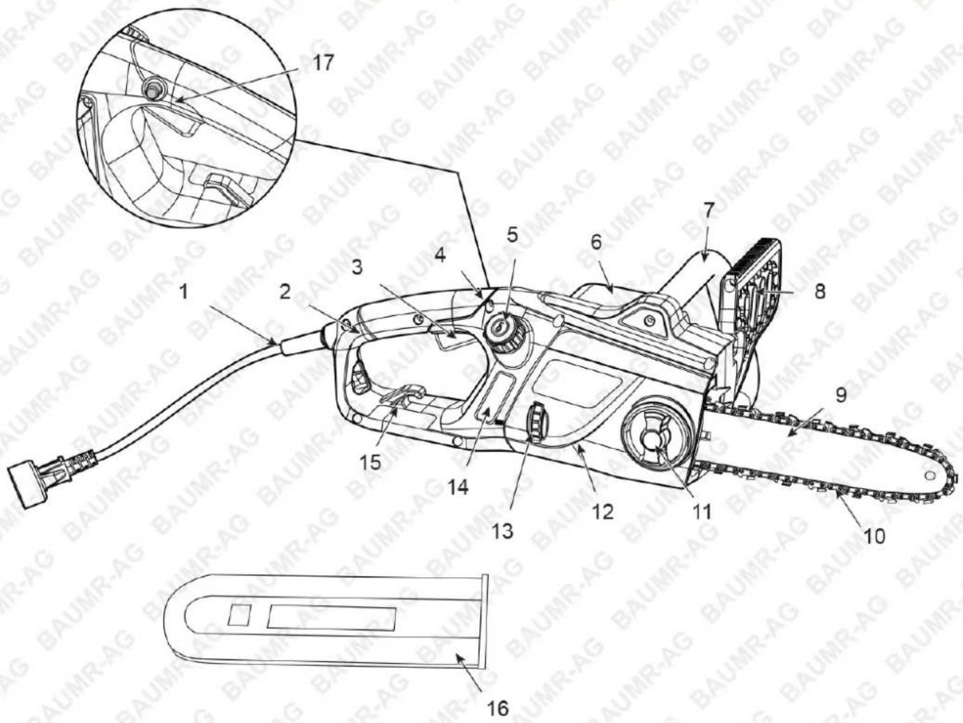 Technical diagram of a chain-link robotic device with numbered parts and an inset view of the mechanical component.