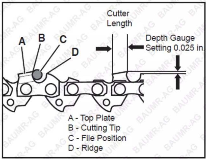 Cutter Length Depth Gauge Setting 0.025 in. A - Top Plate B - Cutting Tip C - File Position D - Ridge