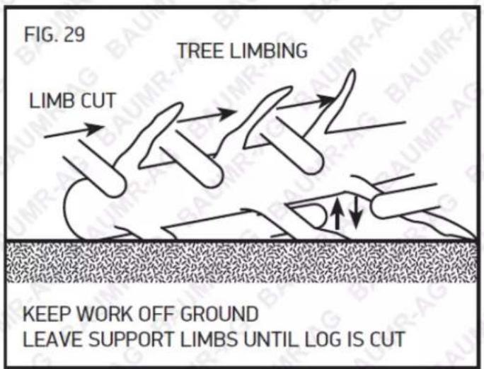 FIG. 29 TREE LIMBING LIMB CUT KEEP WORK OFF GROUND LEAVE SUPPORT LIMBS UNTIL LOG IS CUT