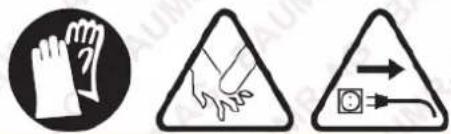 Warning sign showing hand protection, safety symbols, and electrical hazard symbol