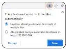 This site downloaded multiple files automatically ● Continue allowing automatic downloads of multiple files ○ Always block multiple automatic downloads on http://193.100.0204 Manage Done