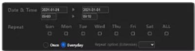 Date & Time 2021-01-31 09:00 2021-01-31 09:19 Repeat Sun Mon Tue Wed Thu Fri Sat ALL Once Everyday Repeat option (Extendise)
