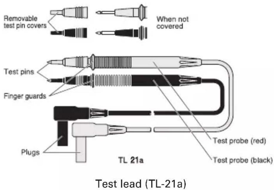 Removable test pin covers When not covered Test pins Finger guards Plugs TL 21a Test probe (red) Test probe (black) Test lead (TL-21a)