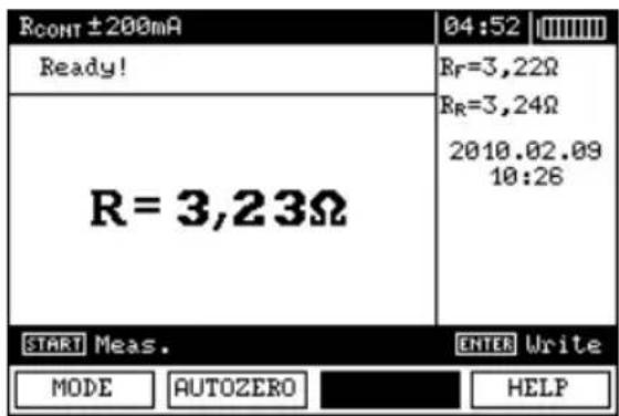 RCONT ±200mA Ready! R = 3,23Ω 04:52 Rf=3,22Ω RR=3,24Ω 2010.02.09 10:26 START Meas. ENTER Write MODE AUTOZERO HELP