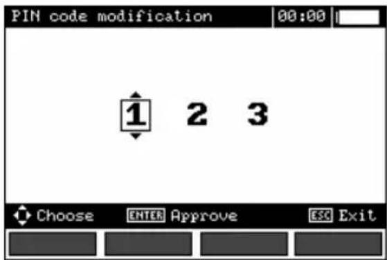 PIN code modification 00:00 1 2 3 Choose ENTER Approve ESC Exit