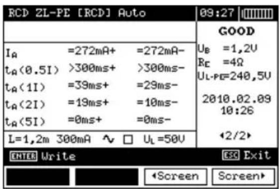 RCD ZL-PE [RCD] Auto 09:27 GOOD I_A =272mA+ =272mA- t_A(0.5I) >300ms+ >300ms- t_A(1I) =39ms+ =29ms- t_A(2I) =19ms+ =10ms- t_A(5I) =0ms+ =0ms- L=1,2m 300mA ~ □ U_L=50V U_B =1,2V R_C =4Ω U_L-PE=240,5V 2010.02.09 10:26 ←2/2> ENTER Write ESC Exit ◀Screen Screen▶