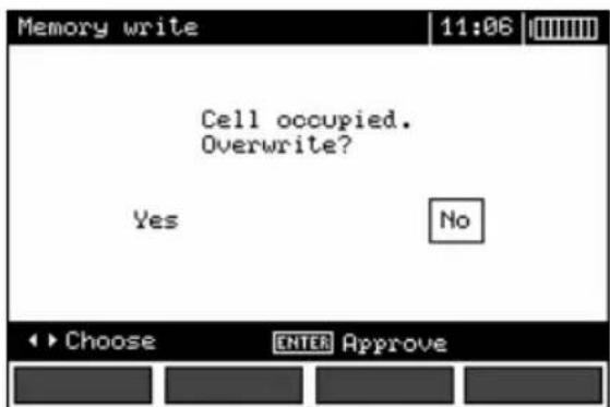 Memory write 11:06 Cell occupied. Overwrite? Yes No Choose ENTER Approve