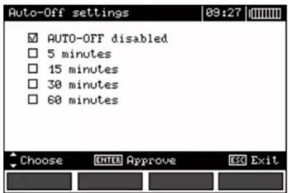 Auto-Off settings ✓ AUTO-OFF disabled □ 5 minutes □ 15 minutes □ 30 minutes □ 60 minutes Choose ENTER Approve ESC Exit
