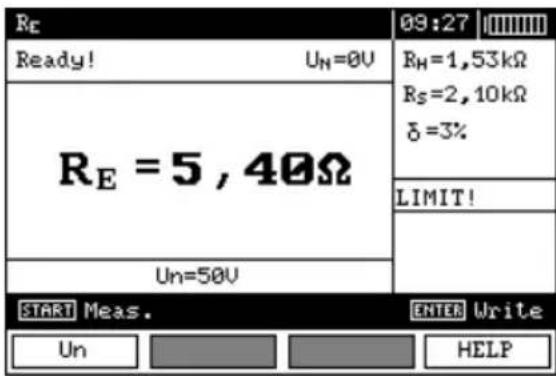 Re Ready! UN=0V RE = 5 , 40Ω Un=50V 09:27 RH=1,53kΩ Rs=2,10kΩ δ=3% LIMIT! ENTER Write Un HELP