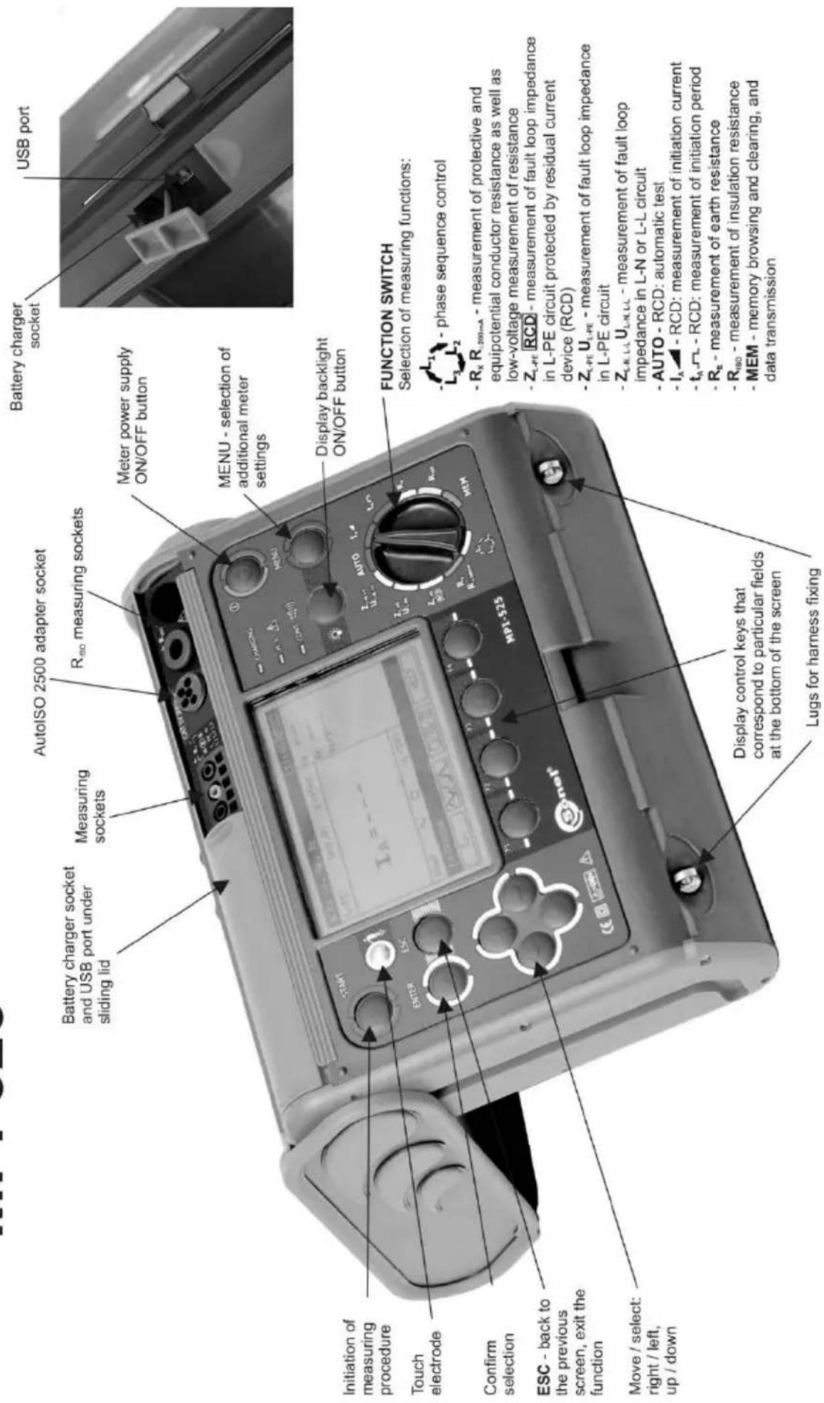 Battery charger socket and USB port under sliding lid Measuring sockets AutoISO 2500 adapter socket Riso measuring sockets Battery charger socket USB port Meter power supply ON/OFF button MENU - selection of additional meter settings Display backlight ON/OFF button Initiation of measuring procedure Touch electrode Confirm selection ESC - back to the previous screen, exit the function Move / select: right / left, up / down START ENTER ESC MPI-S25 MEM FUNCTION SWITCH Selection of measuring functions: - phase sequence control - Rx R200mA - measurement of protective and equipotential conductor resistance as well as low-voltage measurement of resistance - ZLPE RCD - measurement of fault loop impedance in L-PE circuit protected by residual current device (RCD) - ZLPE ULPE - measurement of fault loop impedance in L-PE circuit - ZLK LS ULNLL - measurement of fault loop impedance in L-N or L-L circuit - AUTO - RCD: automatic test - IA - RCD: measurement of initiation current - ta - RCD: measurement of initiation period - Re - measurement of earth resistance - RISO - measurement of insulation resistance - MEM - memory browsing and clearing, and data transmission Display control keys that correspond to particular fields at the bottom of the screen Lugs for harness fixing